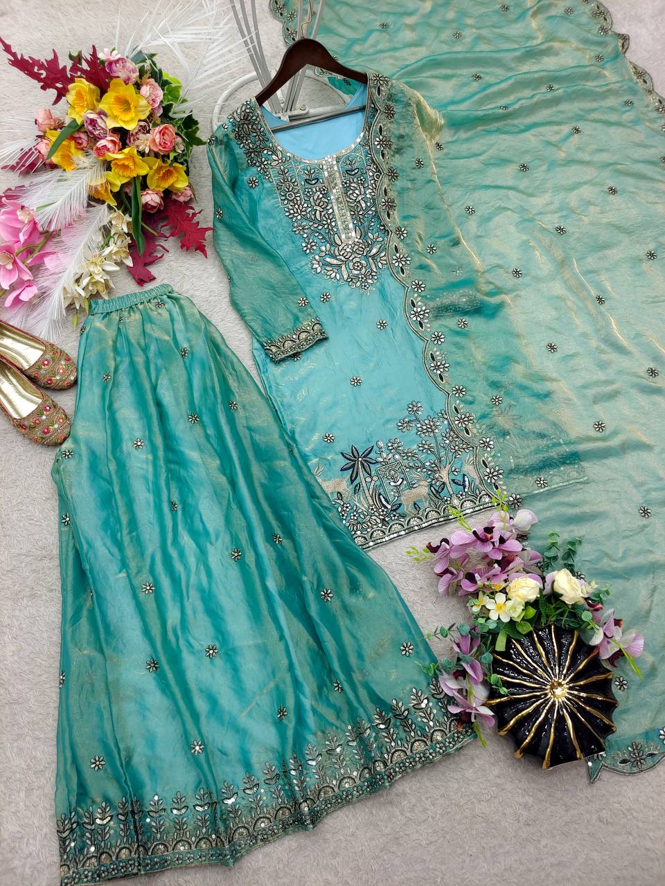 Designer Pure Fendy Silk Sequence Embroidery Work Top, Sharara & Dupatta Set