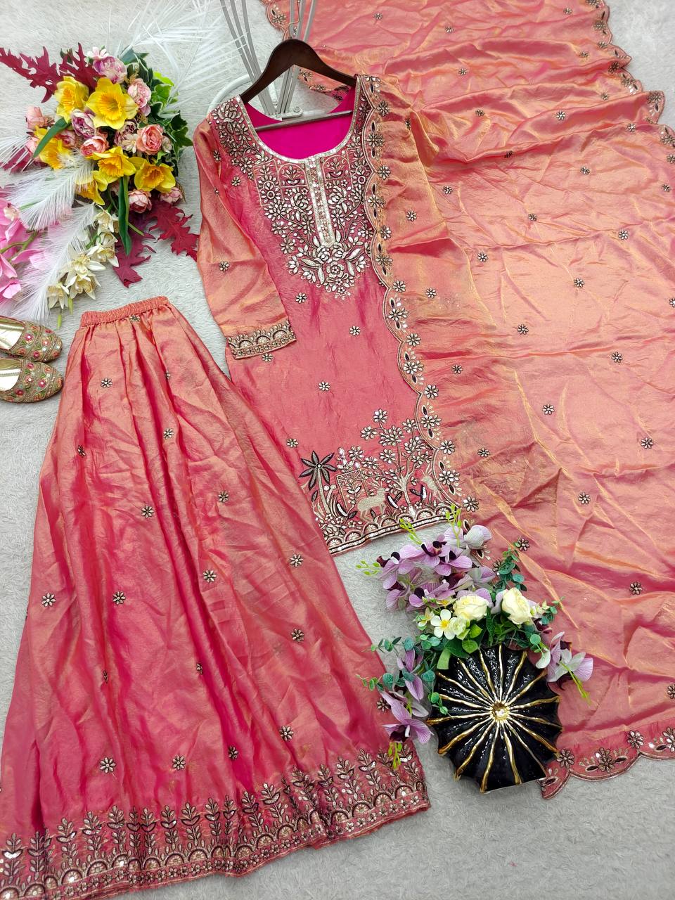 Designer Pure Fendy Silk Sequence Embroidery Work Top, Sharara & Dupatta Set