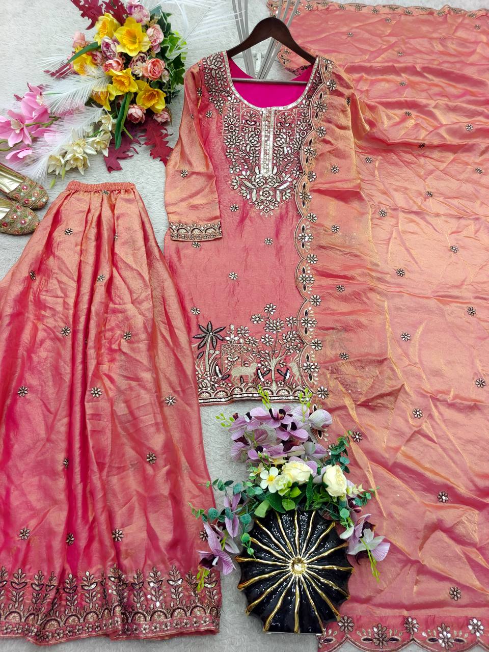 Designer Pure Fendy Silk Sequence Embroidery Work Top, Sharara & Dupatta Set