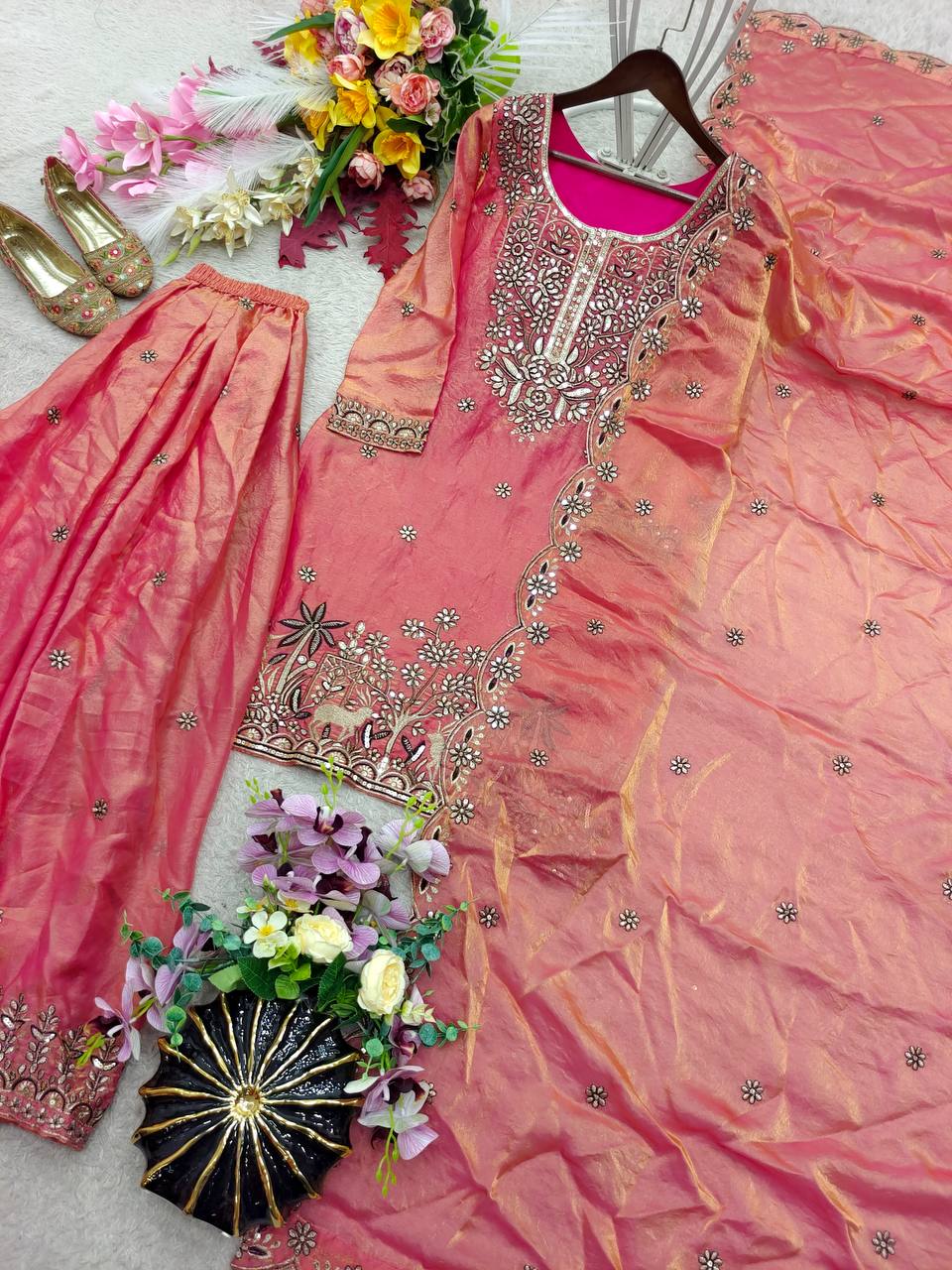 Designer Pure Fendy Silk Sequence Embroidery Work Top, Sharara & Dupatta Set