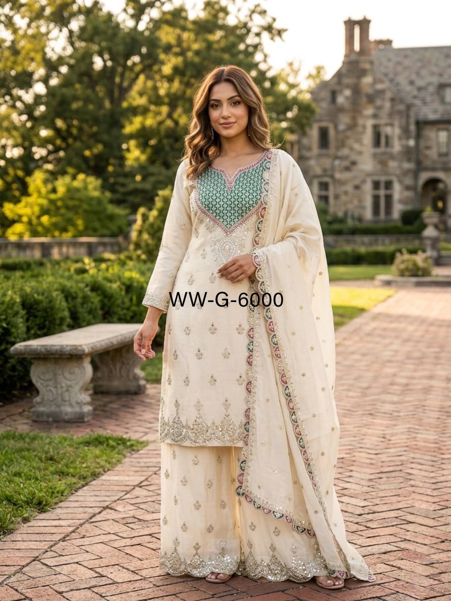 Designer Pure Chinon Silk Sequence Embroidery & Mirror Work Top, Palazzo & Dupatta Set