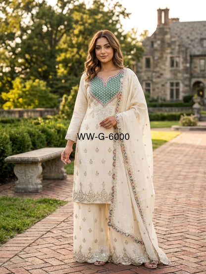 Designer Pure Chinon Silk Sequence Embroidery & Mirror Work Top, Palazzo & Dupatta Set