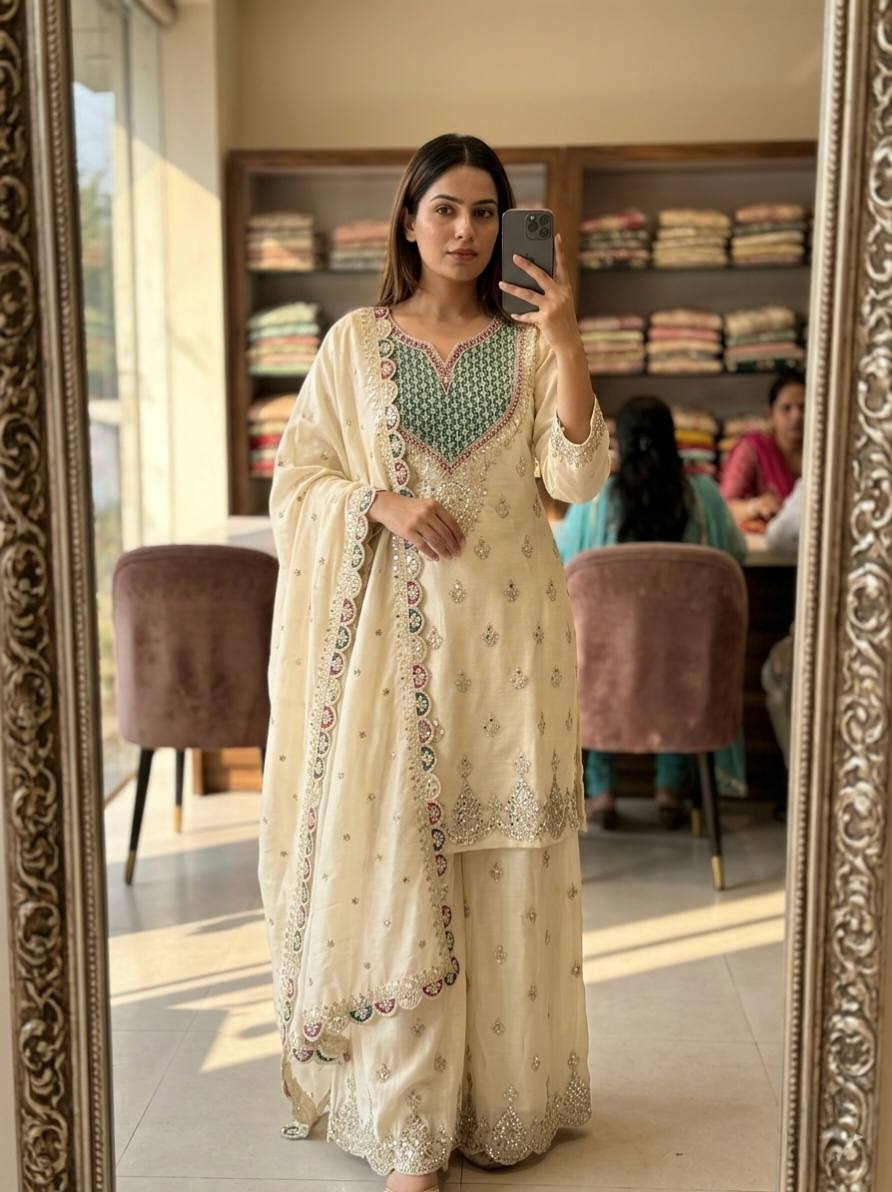 Designer Pure Chinon Silk Sequence Embroidery & Mirror Work Top, Palazzo & Dupatta Set