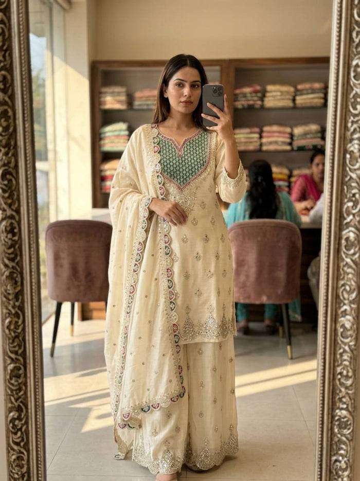 Designer Pure Chinon Silk Sequence Embroidery & Mirror Work Top, Palazzo & Dupatta Set