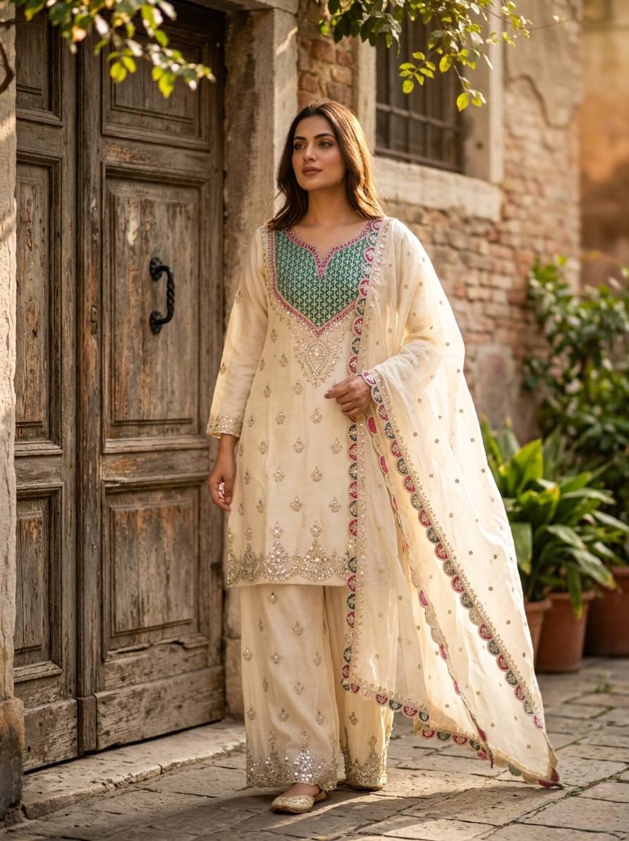 Designer Pure Chinon Silk Sequence Embroidery & Mirror Work Top, Palazzo & Dupatta Set