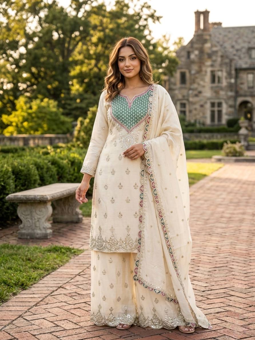 Designer Pure Chinon Silk Sequence Embroidery & Mirror Work Top, Palazzo & Dupatta Set
