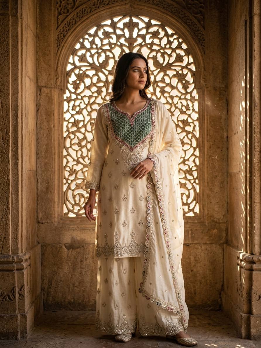 Designer Pure Chinon Silk Sequence Embroidery & Mirror Work Top, Palazzo & Dupatta Set