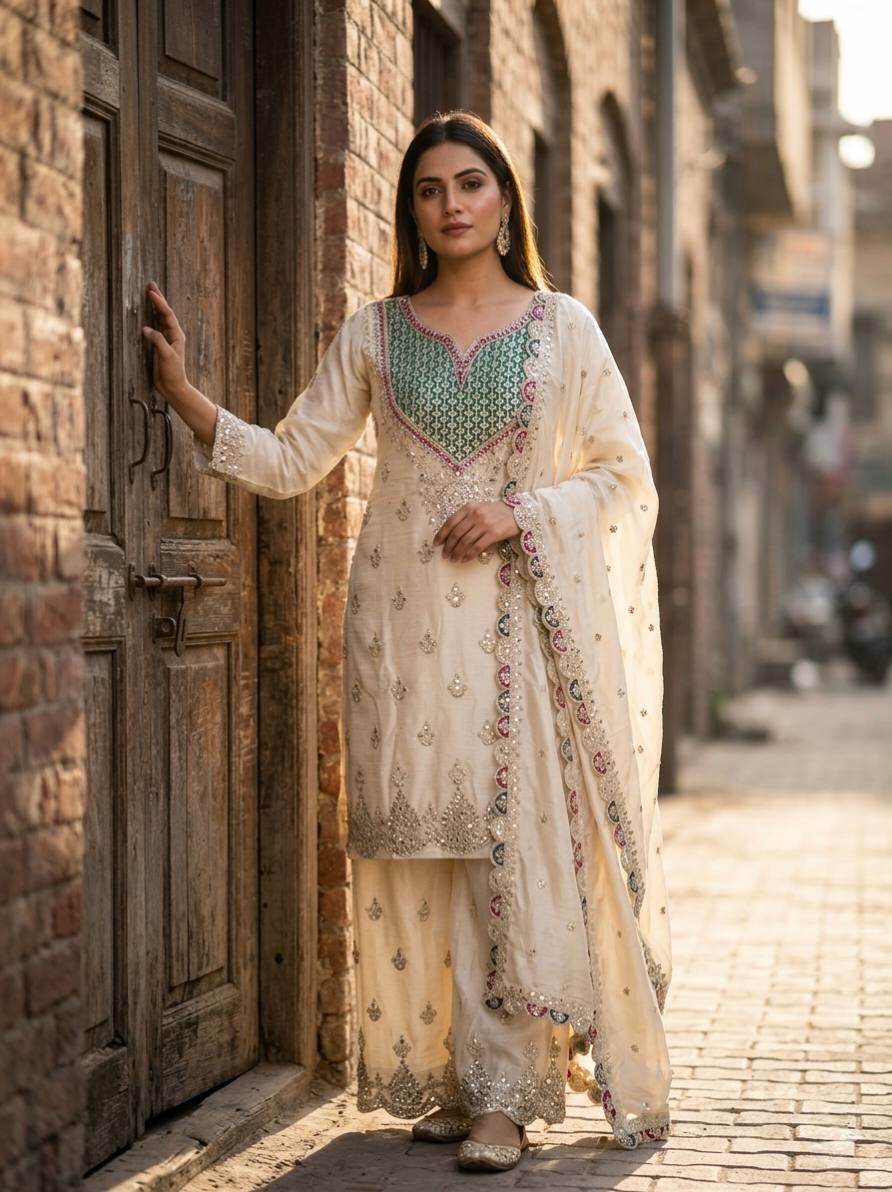 Designer Pure Chinon Silk Sequence Embroidery & Mirror Work Top, Palazzo & Dupatta Set