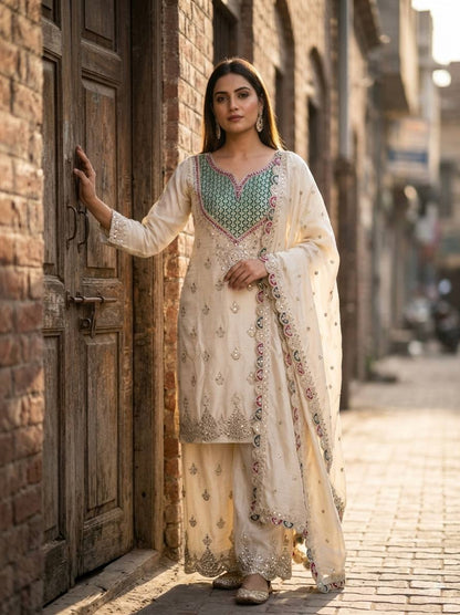 Designer Pure Chinon Silk Sequence Embroidery & Mirror Work Top, Palazzo & Dupatta Set