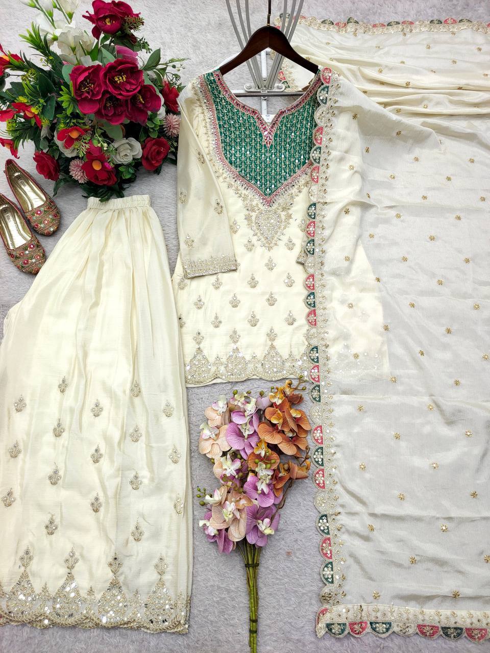 Designer Pure Chinon Silk Sequence Embroidery & Mirror Work Top, Palazzo & Dupatta Set
