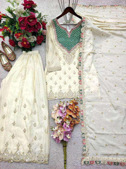 Designer Pure Chinon Silk Sequence Embroidery & Mirror Work Top, Palazzo & Dupatta Set