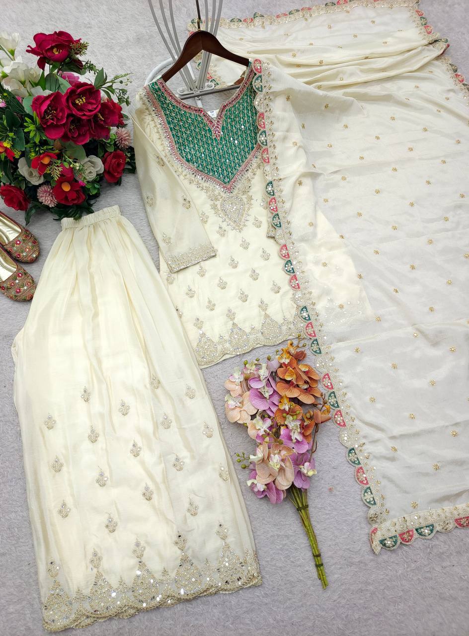 Designer Pure Chinon Silk Sequence Embroidery & Mirror Work Top, Palazzo & Dupatta Set