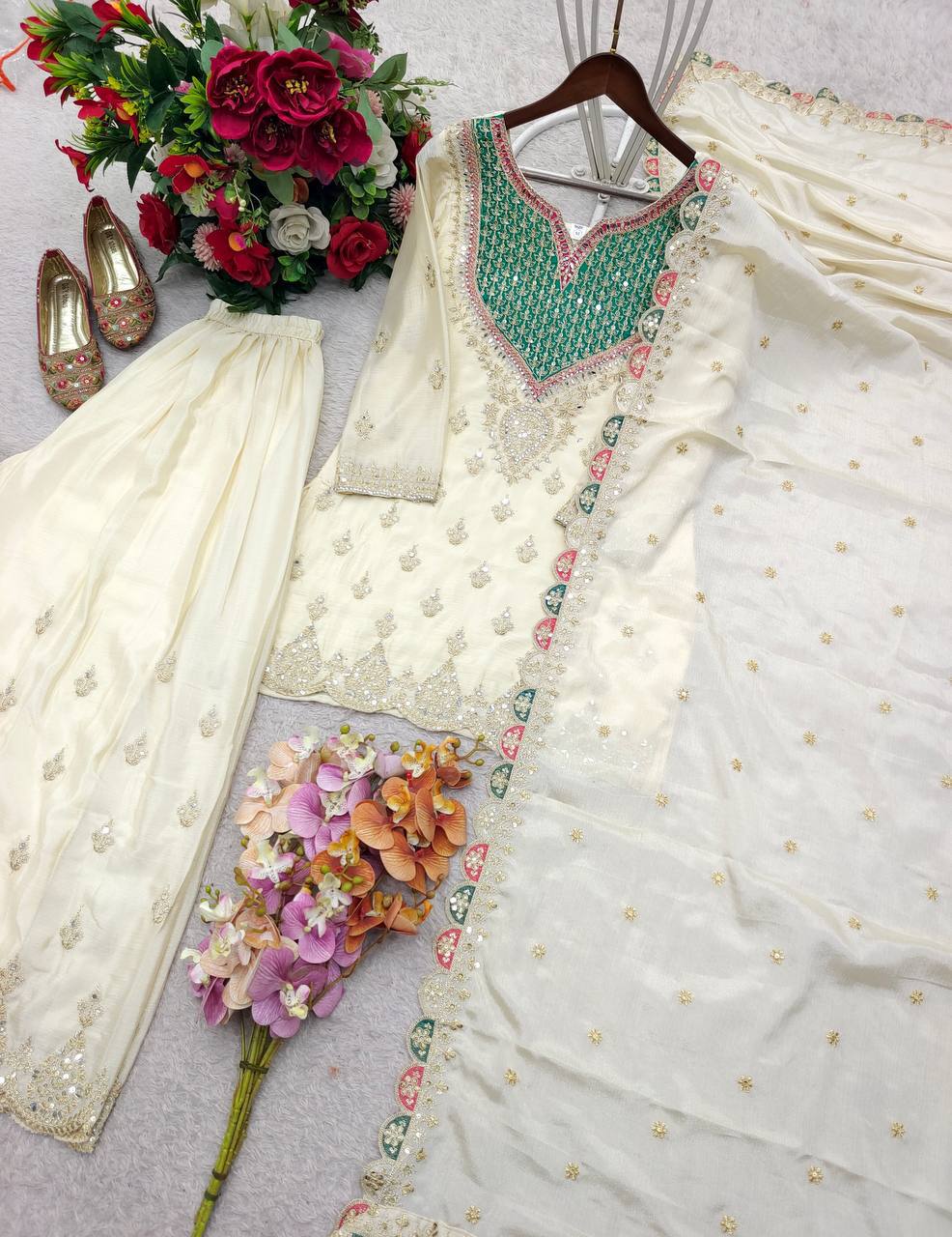 Designer Pure Chinon Silk Sequence Embroidery & Mirror Work Top, Palazzo & Dupatta Set
