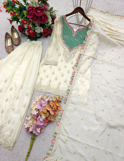 Designer Pure Chinon Silk Sequence Embroidery & Mirror Work Top, Palazzo & Dupatta Set