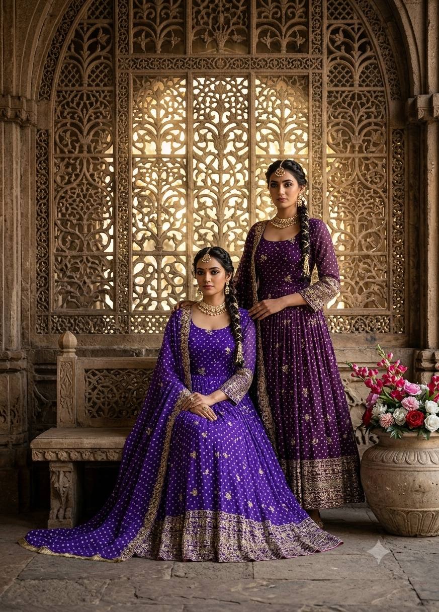 Designer Beige Pure Fox Georgette Sequence Embroidery Purple Gown, Pant & Dupatta Set with Padded Bust & Latkan