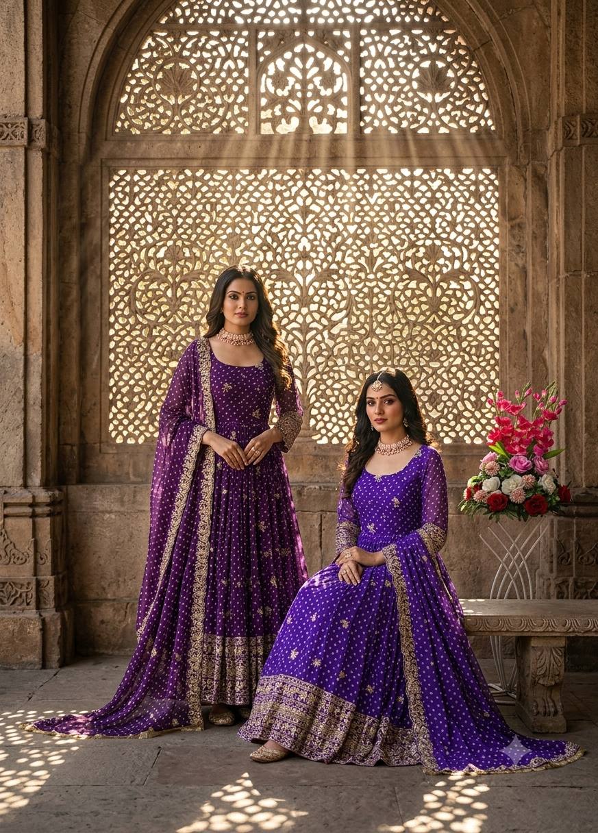 Designer Beige Pure Fox Georgette Sequence Embroidery Purple Gown, Pant & Dupatta Set with Padded Bust & Latkan