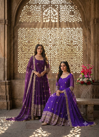 Designer Blue Pure Fox Georgette Sequence Embroidery Purple Gown, Pant & Dupatta Set with Padded Bust & Latkan