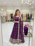 Designer Beige Pure Fox Georgette Sequence Embroidery Purple Gown, Pant & Dupatta Set with Padded Bust & Latkan