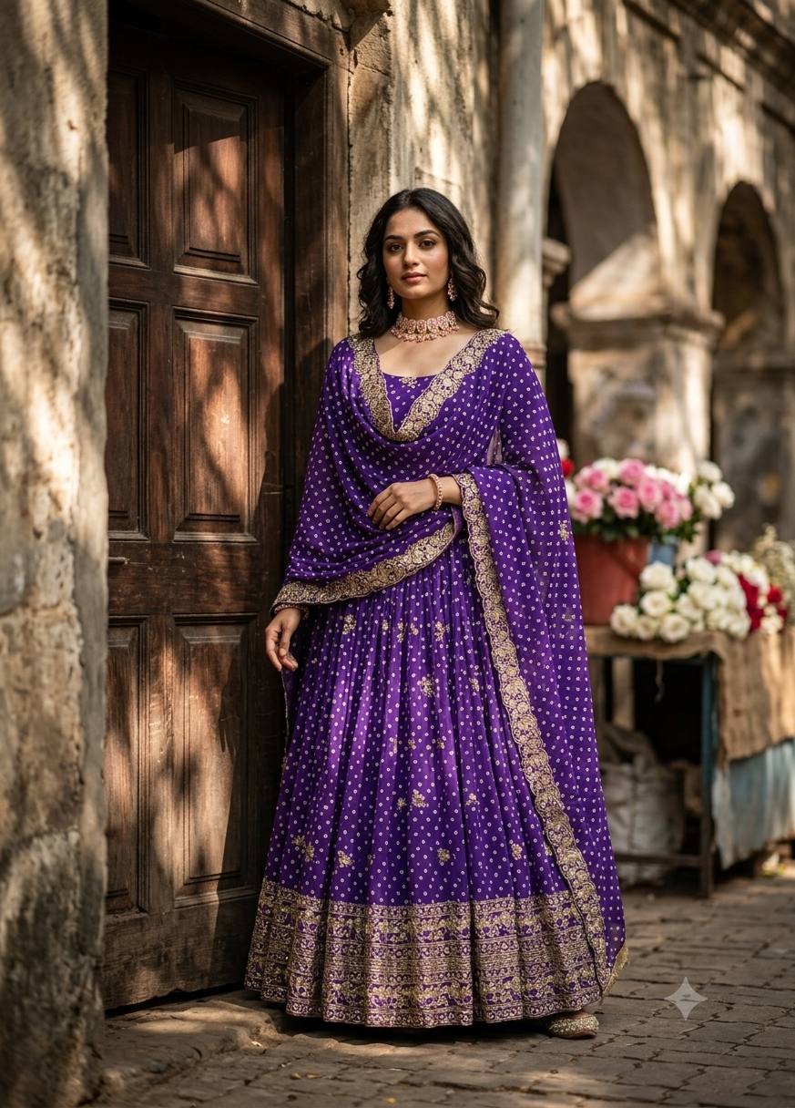 Designer Beige Pure Fox Georgette Sequence Embroidery Purple Gown, Pant & Dupatta Set with Padded Bust & Latkan