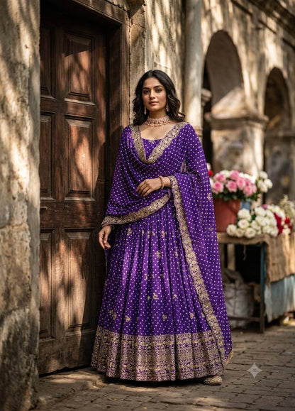 Designer Blue Pure Fox Georgette Sequence Embroidery Purple Gown, Pant & Dupatta Set with Padded Bust & Latkan