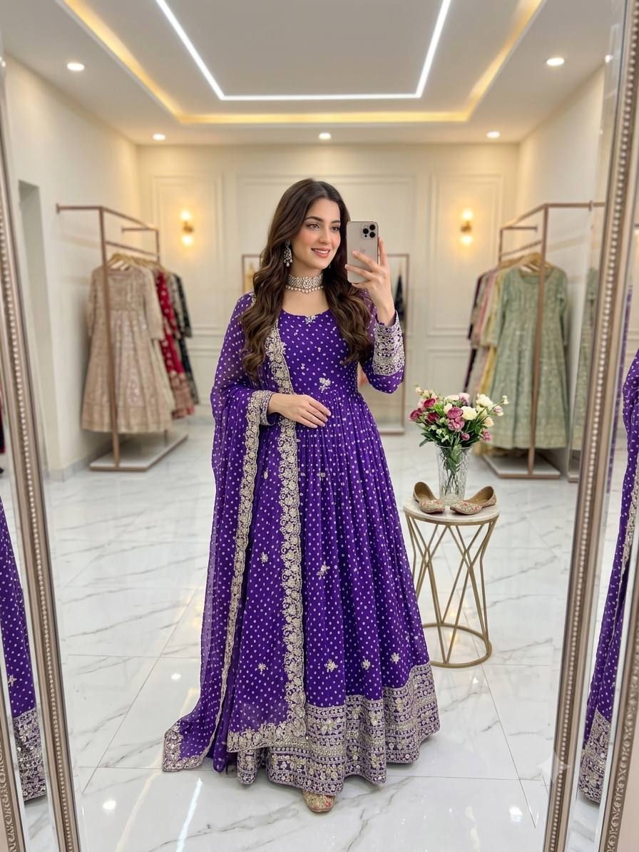 Designer Beige Pure Fox Georgette Sequence Embroidery Purple Gown, Pant & Dupatta Set with Padded Bust & Latkan