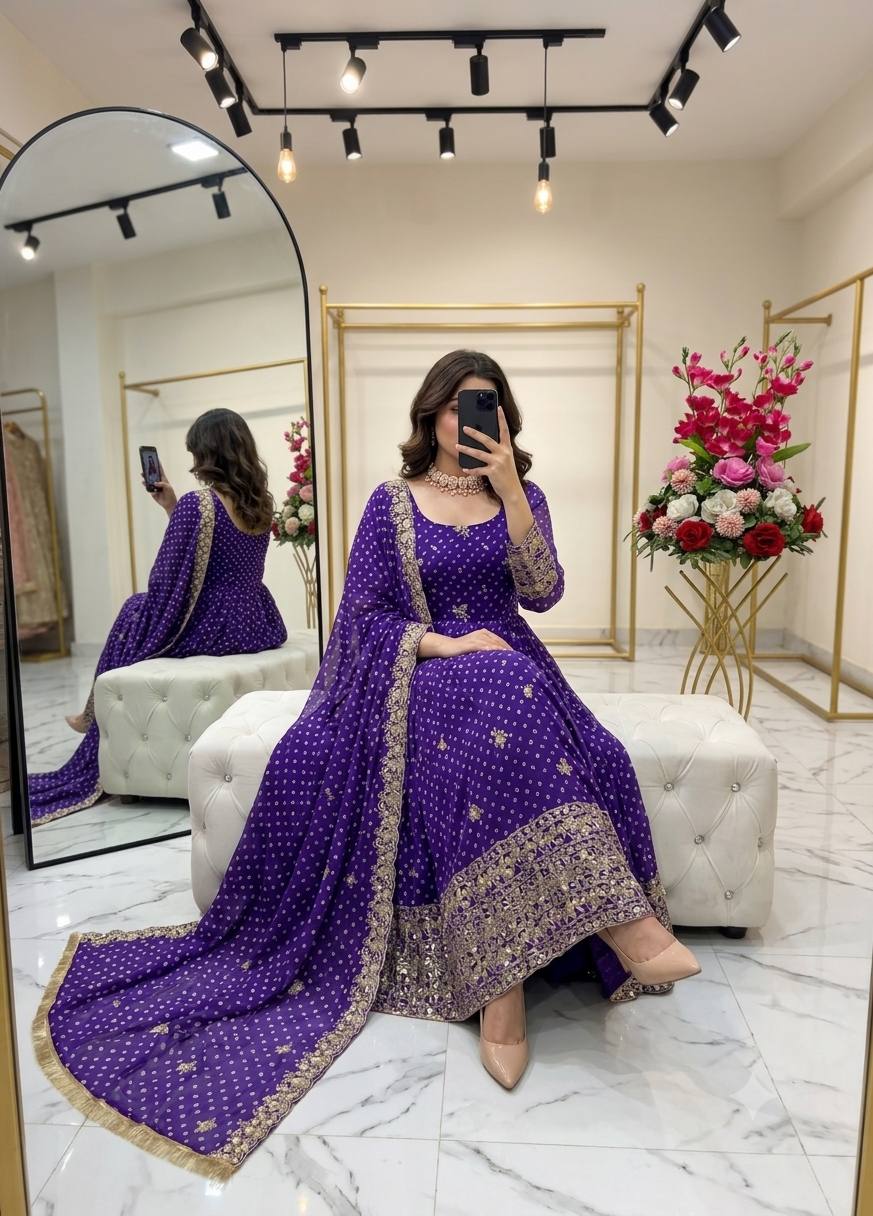 Designer Beige Pure Fox Georgette Sequence Embroidery Purple Gown, Pant & Dupatta Set with Padded Bust & Latkan