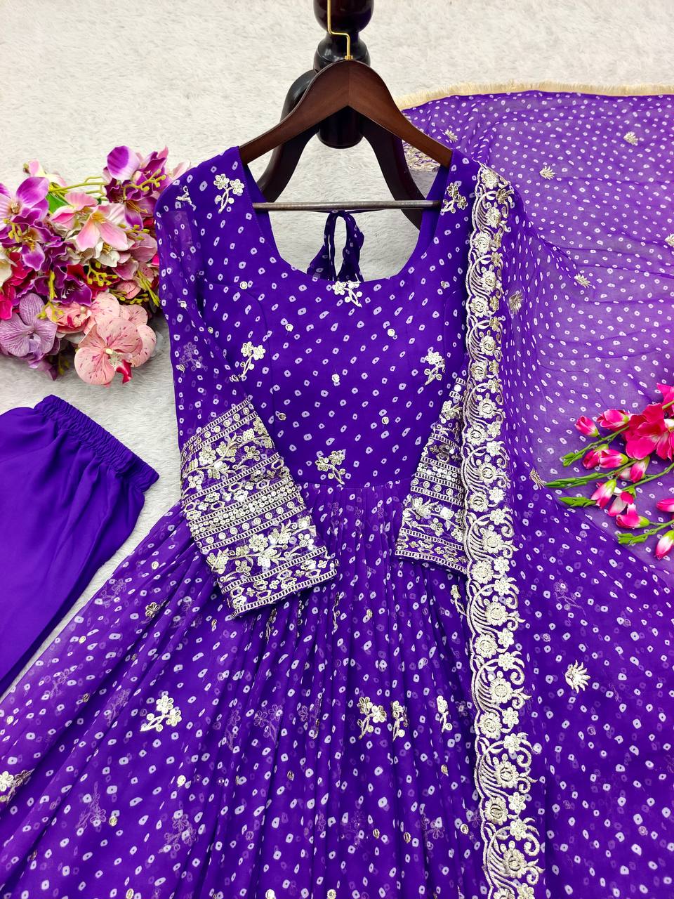 Designer Beige Pure Fox Georgette Sequence Embroidery Purple Gown, Pant & Dupatta Set with Padded Bust & Latkan