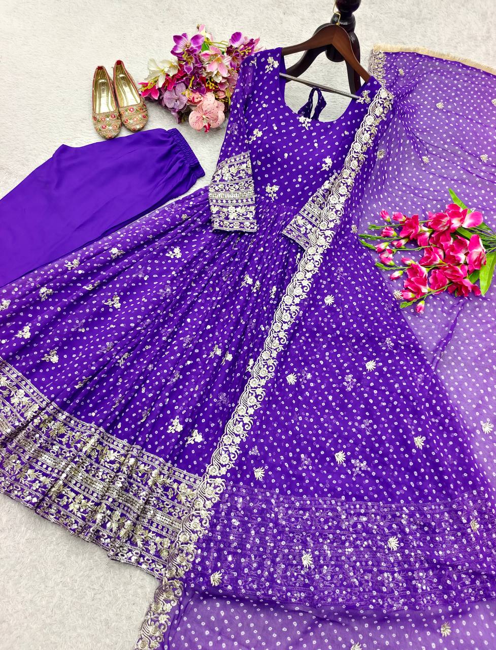 Designer Beige Pure Fox Georgette Sequence Embroidery Purple Gown, Pant & Dupatta Set with Padded Bust & Latkan