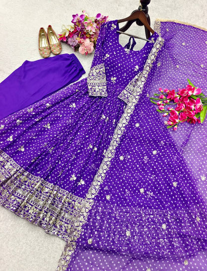 Designer Blue Pure Fox Georgette Sequence Embroidery Purple Gown, Pant & Dupatta Set with Padded Bust & Latkan