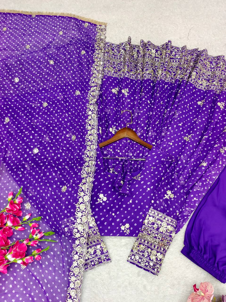 Designer Beige Pure Fox Georgette Sequence Embroidery Purple Gown, Pant & Dupatta Set with Padded Bust & Latkan