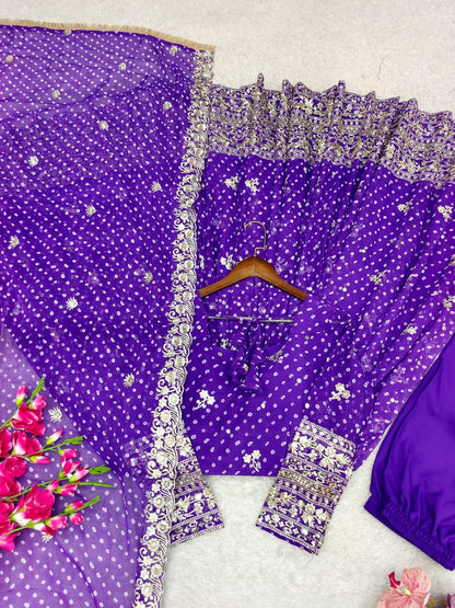 Designer Blue Pure Fox Georgette Sequence Embroidery Purple Gown, Pant & Dupatta Set with Padded Bust & Latkan