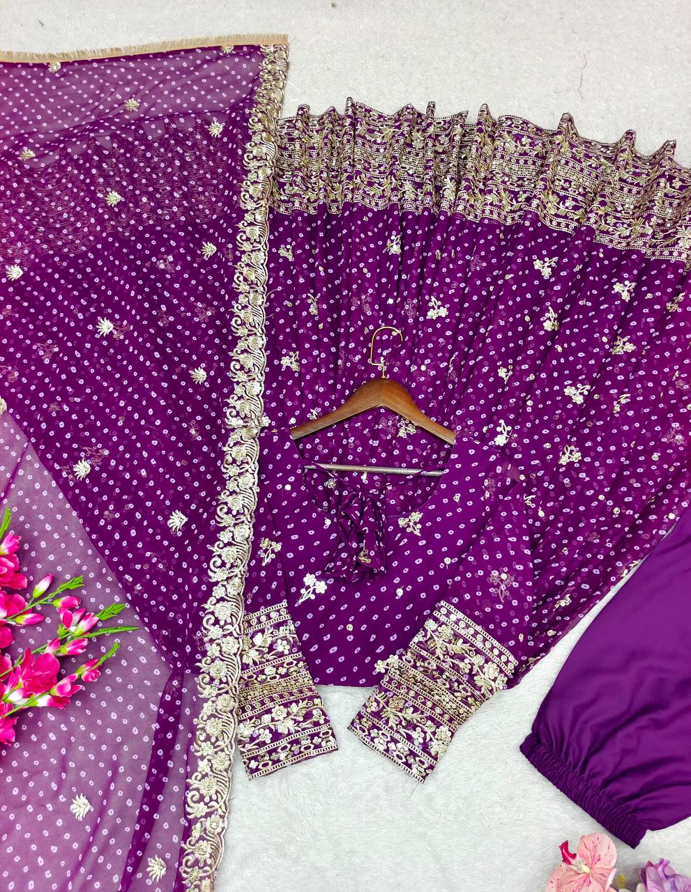 Designer Beige Pure Fox Georgette Sequence Embroidery Purple Gown, Pant & Dupatta Set with Padded Bust & Latkan