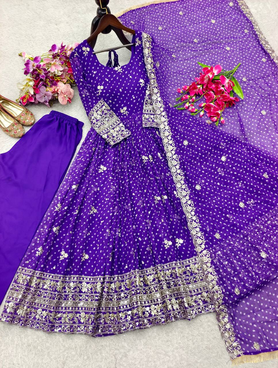 Designer Beige Pure Fox Georgette Sequence Embroidery Purple Gown, Pant & Dupatta Set with Padded Bust & Latkan