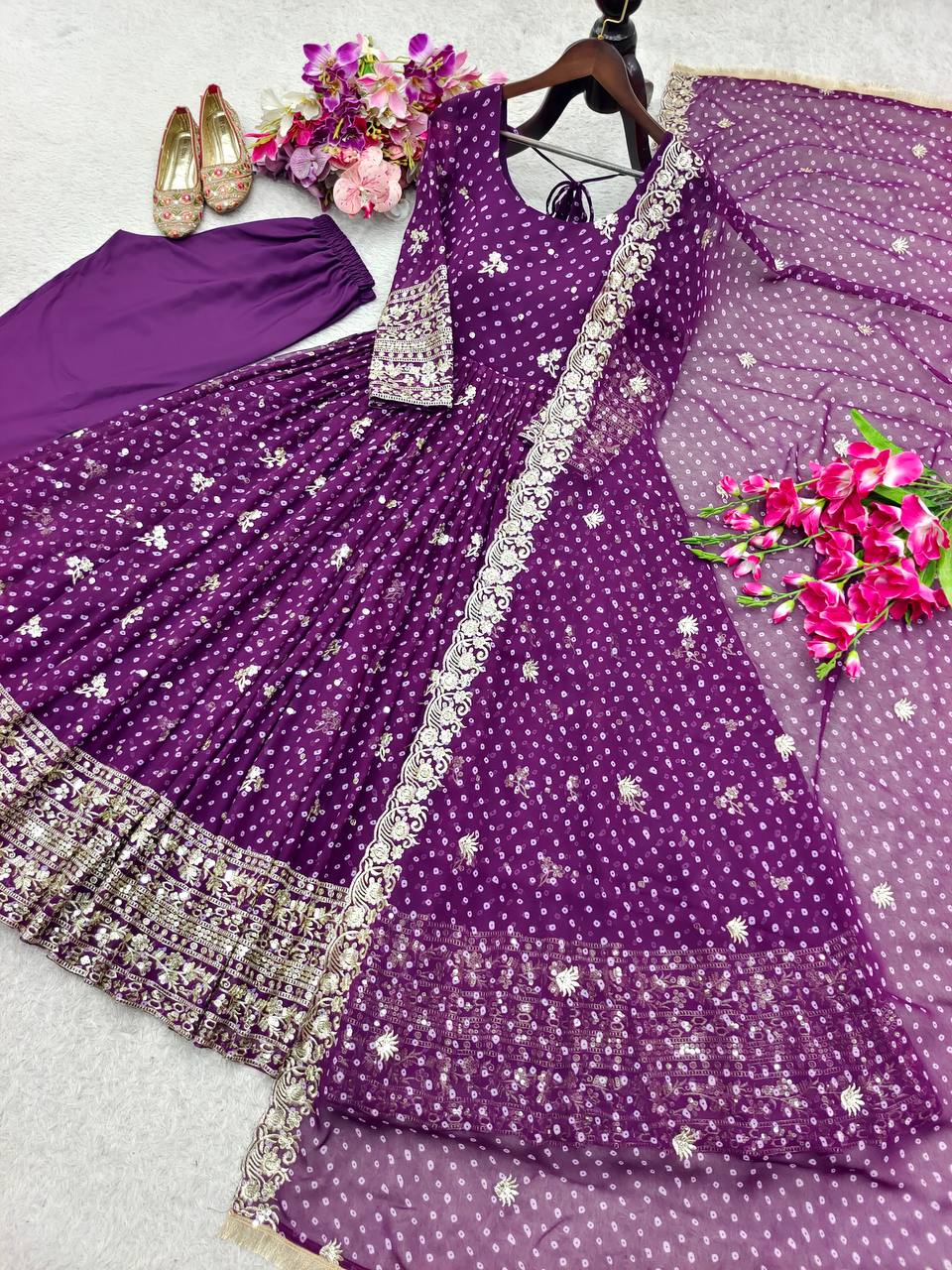 Designer Beige Pure Fox Georgette Sequence Embroidery Purple Gown, Pant & Dupatta Set with Padded Bust & Latkan