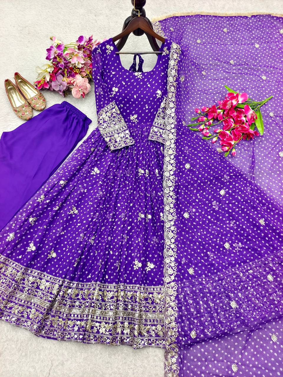 Designer Beige Pure Fox Georgette Sequence Embroidery Purple Gown, Pant & Dupatta Set with Padded Bust & Latkan