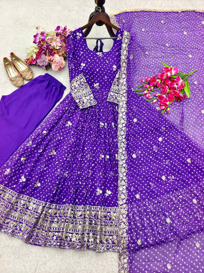 Designer Blue Pure Fox Georgette Sequence Embroidery Purple Gown, Pant & Dupatta Set with Padded Bust & Latkan