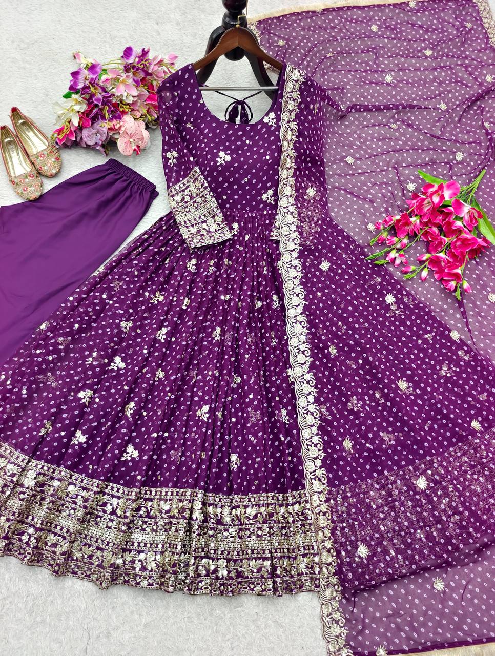 Designer Beige Pure Fox Georgette Sequence Embroidery Purple Gown, Pant & Dupatta Set with Padded Bust & Latkan