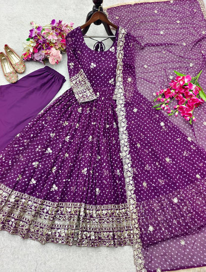 Designer Blue Pure Fox Georgette Sequence Embroidery Purple Gown, Pant & Dupatta Set with Padded Bust & Latkan