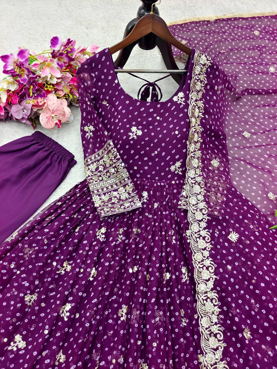 Designer Beige Pure Fox Georgette Sequence Embroidery Purple Gown, Pant & Dupatta Set with Padded Bust & Latkan