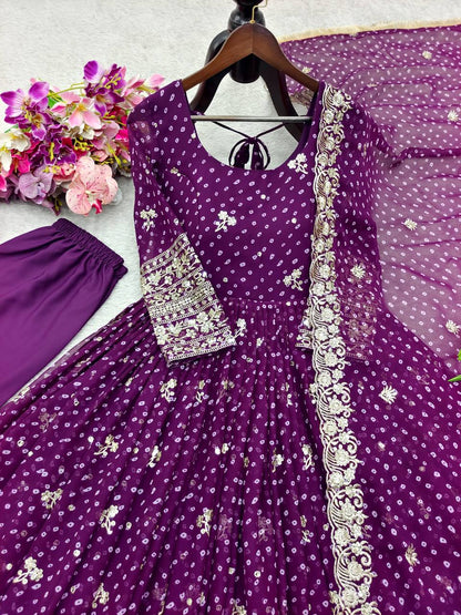 Designer Blue Pure Fox Georgette Sequence Embroidery Purple Gown, Pant & Dupatta Set with Padded Bust & Latkan