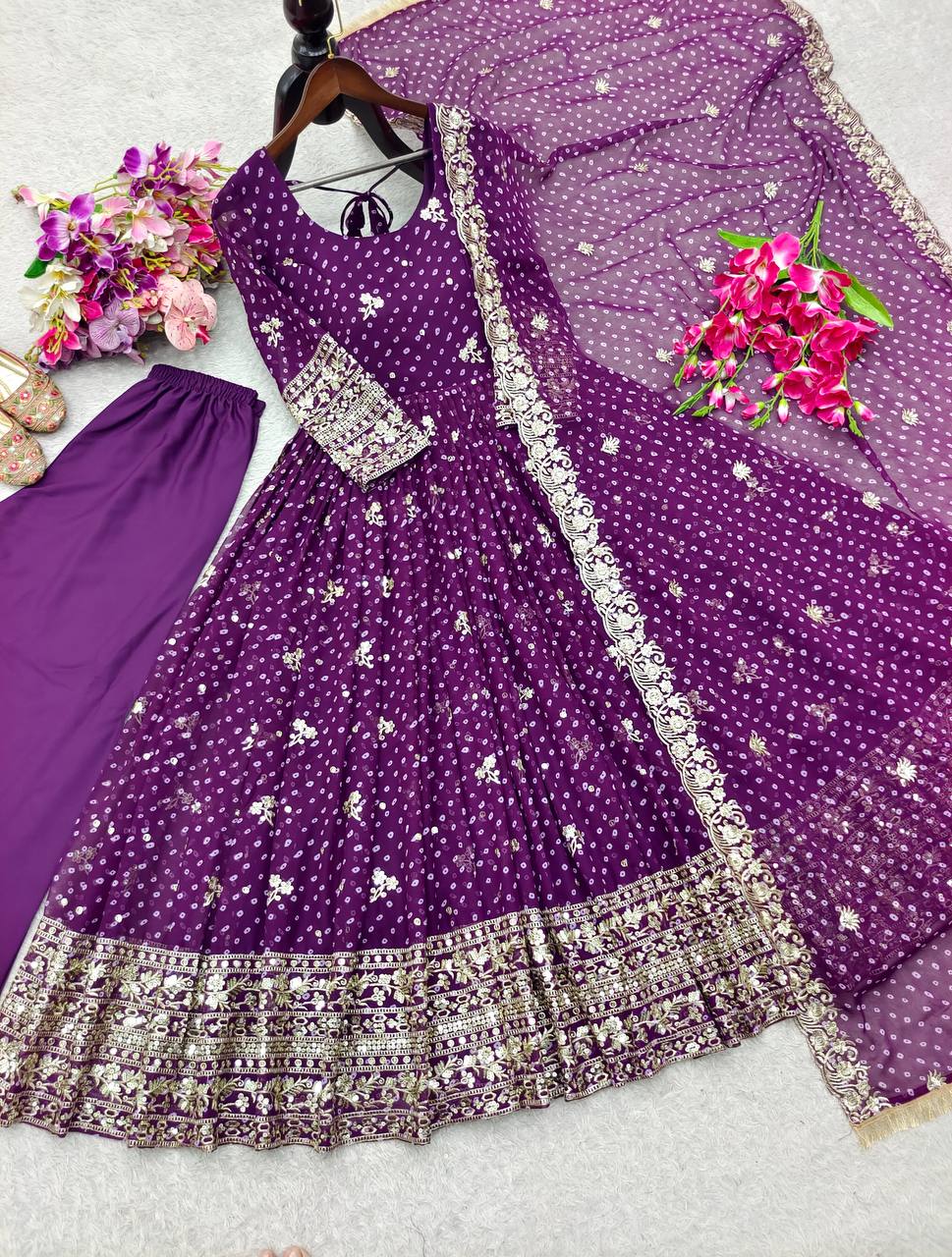 Designer Beige Pure Fox Georgette Sequence Embroidery Purple Gown, Pant & Dupatta Set with Padded Bust & Latkan