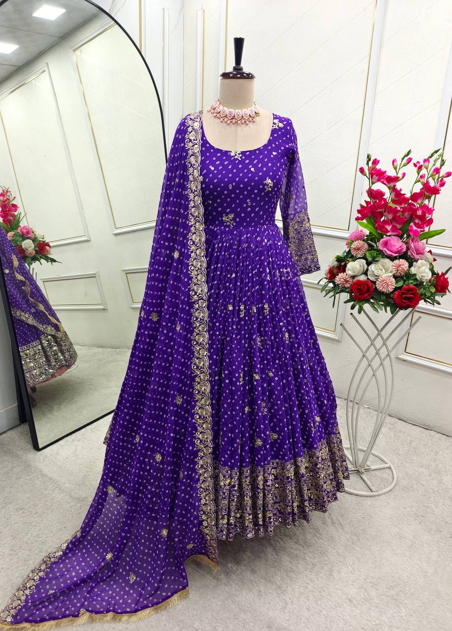 Designer Beige Pure Fox Georgette Sequence Embroidery Purple Gown, Pant & Dupatta Set with Padded Bust & Latkan