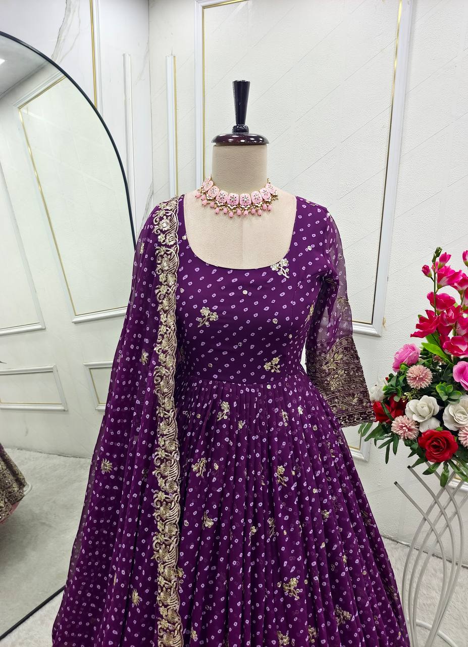 Designer Beige Pure Fox Georgette Sequence Embroidery Purple Gown, Pant & Dupatta Set with Padded Bust & Latkan