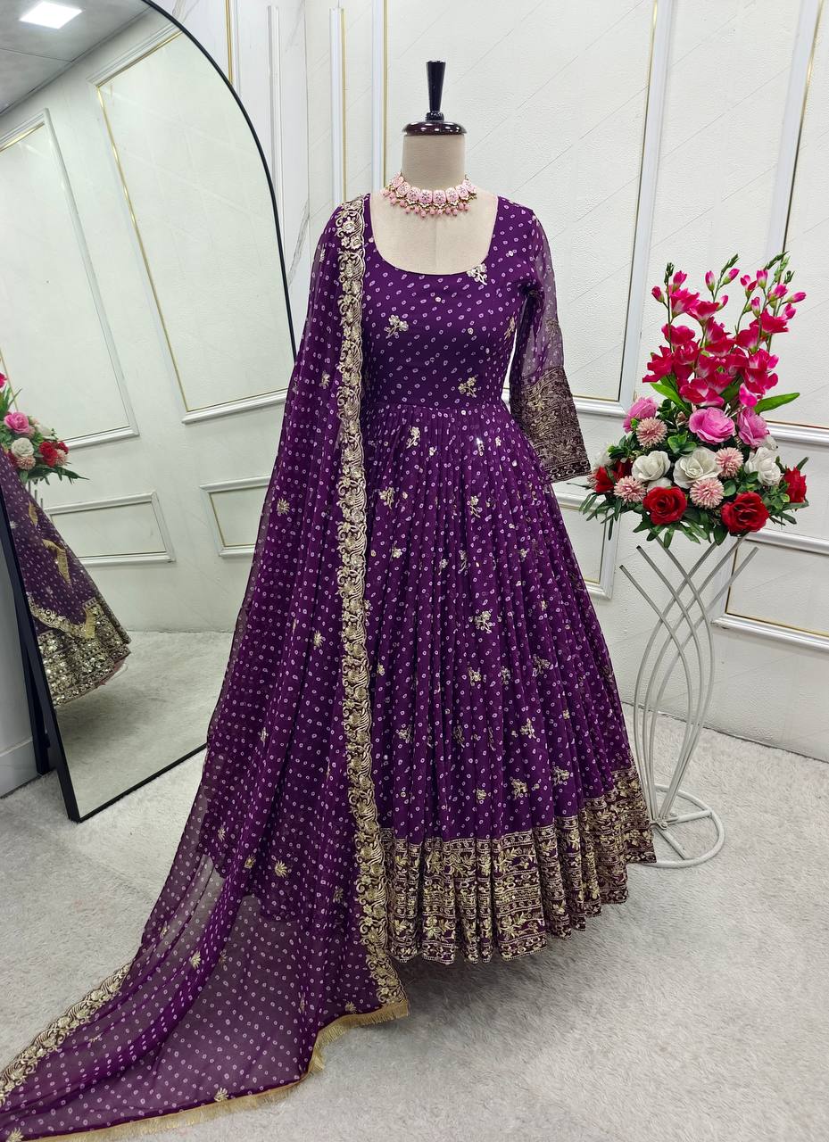 Designer Beige Pure Fox Georgette Sequence Embroidery Purple Gown, Pant & Dupatta Set with Padded Bust & Latkan