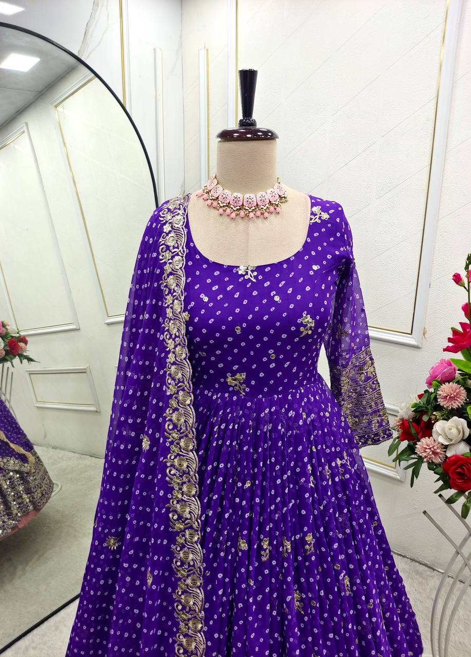 Designer Beige Pure Fox Georgette Sequence Embroidery Purple Gown, Pant & Dupatta Set with Padded Bust & Latkan