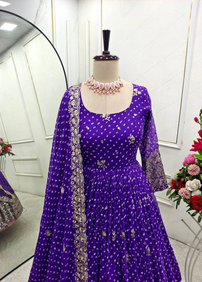 Designer Blue Pure Fox Georgette Sequence Embroidery Purple Gown, Pant & Dupatta Set with Padded Bust & Latkan