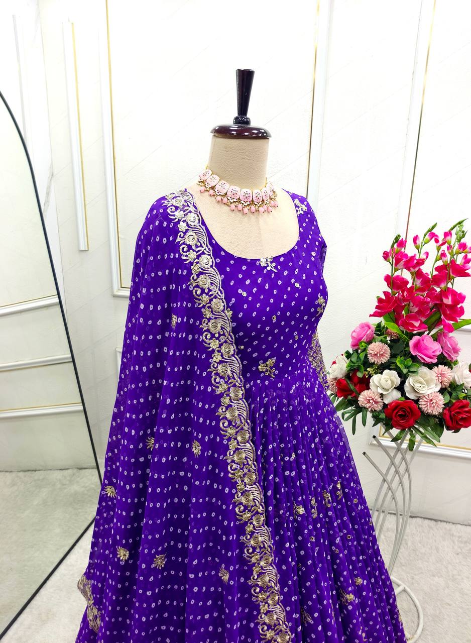 Designer Beige Pure Fox Georgette Sequence Embroidery Purple Gown, Pant & Dupatta Set with Padded Bust & Latkan