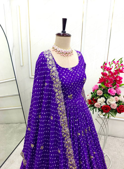 Designer Blue Pure Fox Georgette Sequence Embroidery Purple Gown, Pant & Dupatta Set with Padded Bust & Latkan