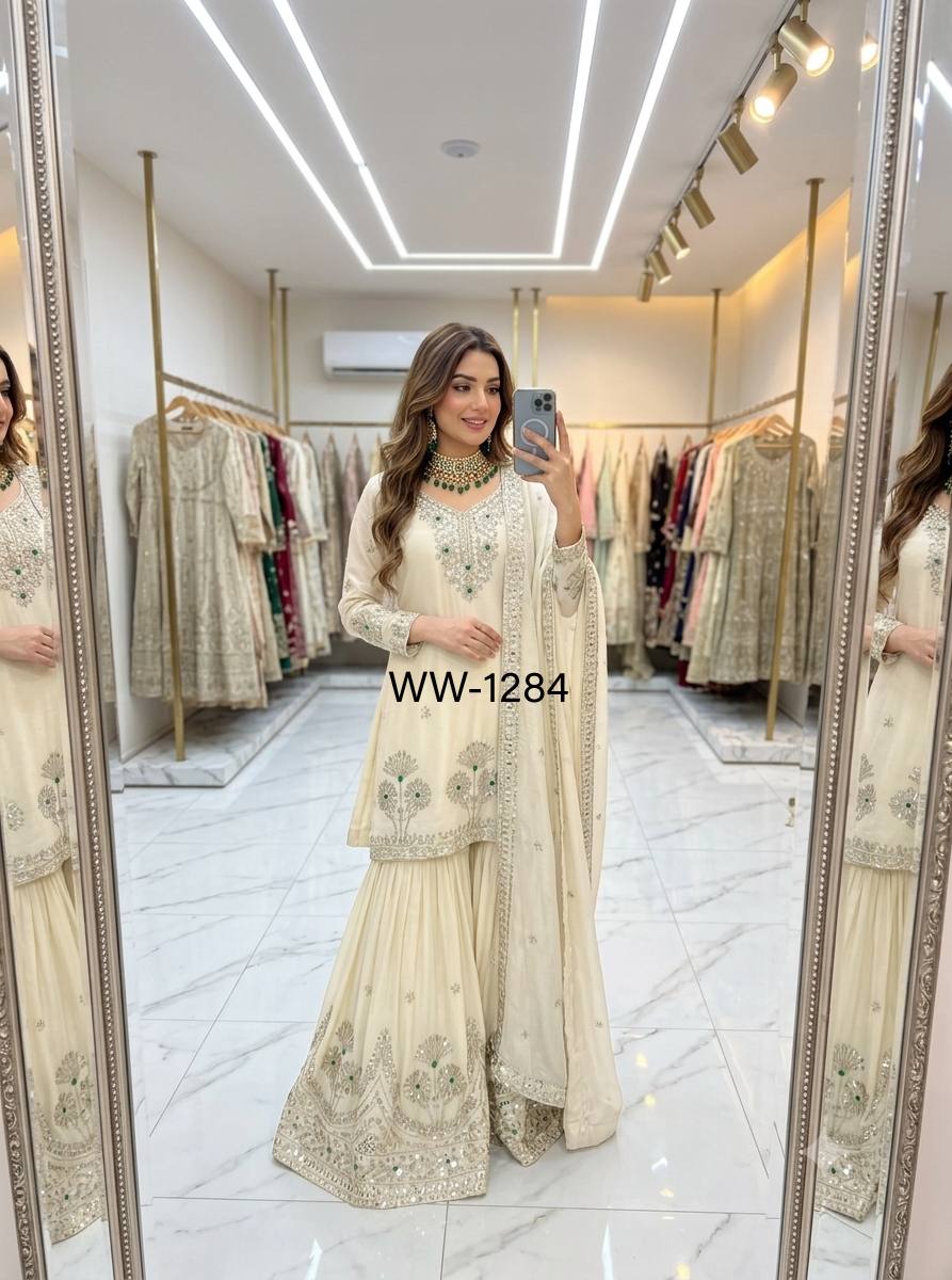 Designer Pure Natural Satin Silk Sequence Embroidery & Stone Handwork Top, Sharara & Dupatta Set