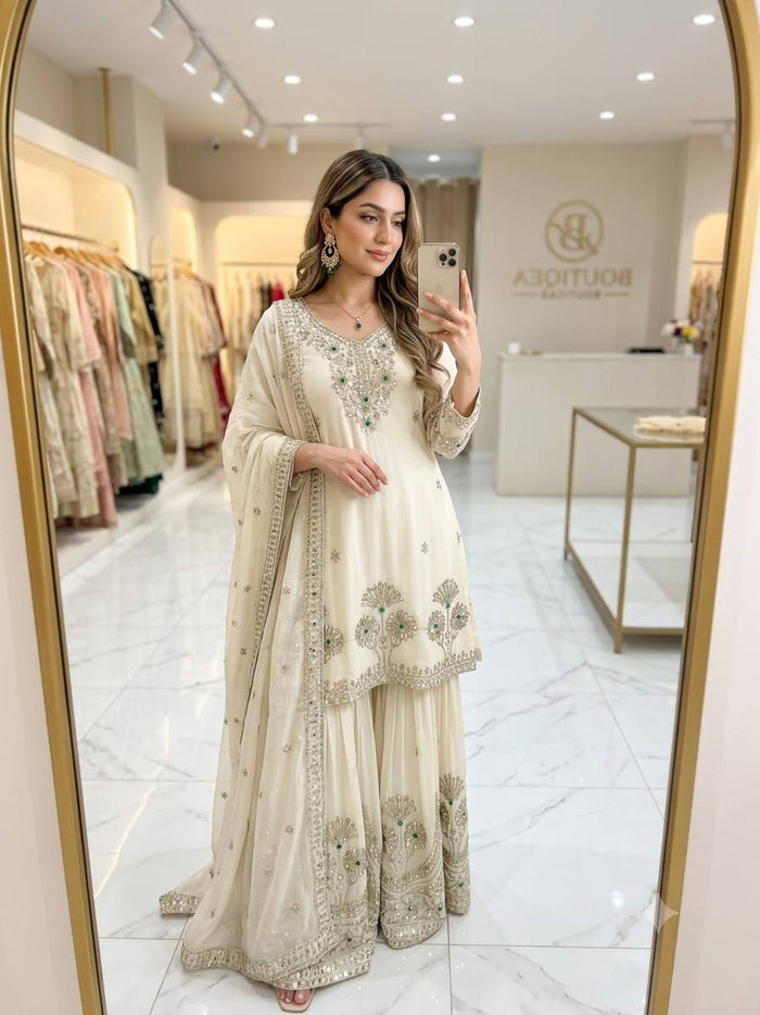 Designer Pure Natural Satin Silk Sequence Embroidery & Stone Handwork Top, Sharara & Dupatta Set